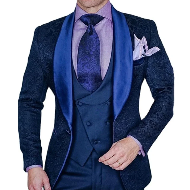 Men Suits 3 Pieces Burgundy Jacquard Fabric Business Slim Fit Wedding Groom Party Banquet Tuxedo Jacket Vest With Pants