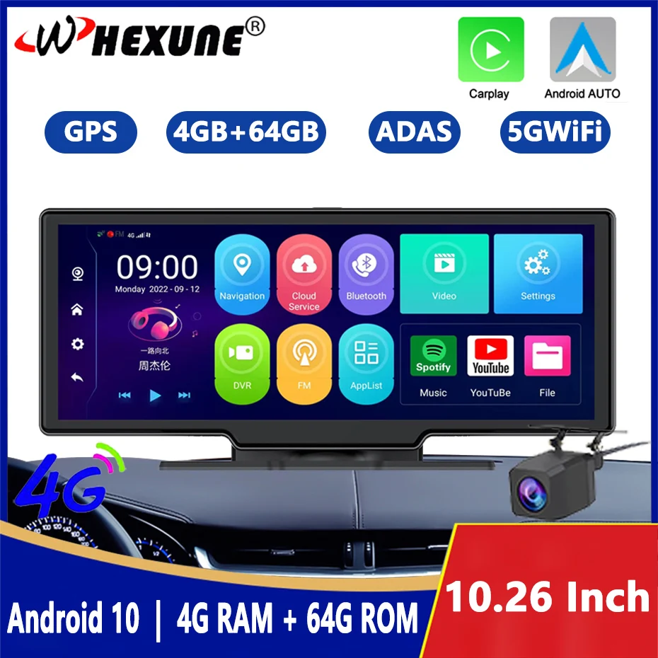 10.26 "4K Dash Cam Adas Wireless Carplay Android Auto 5G Wifi Car Dvr Navigazione Gps 4G Telecamera Per La Retromarcia Videoregistratore Cruscotto