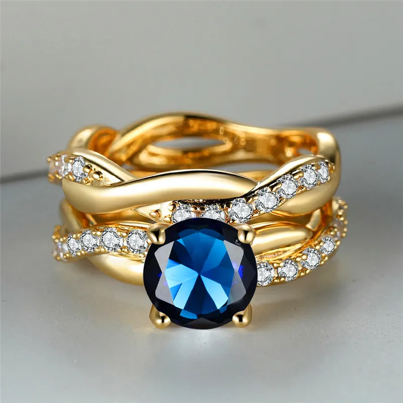 Female Crystal Blue Round Zircon Stone Engagement Ring Set Luxury Silver Color Wedding Jewelry For Women