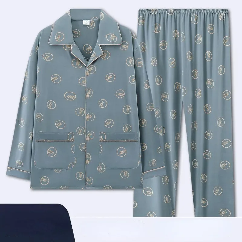 2024 new 100% Cotton Pajamas Men Spring Autumn Long-sleeved Loungewear Cotton Plus Size Fatty Youth Homewear Cardigan Suit