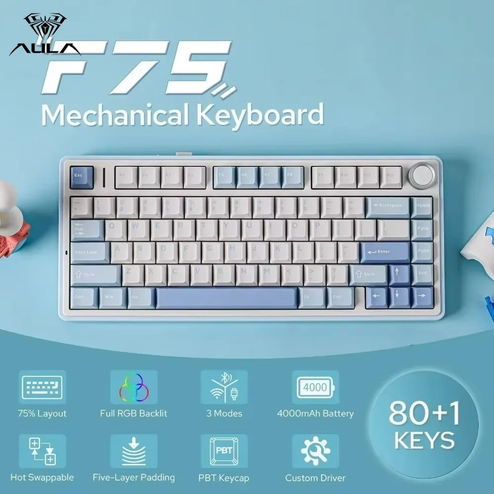 AULA F75 Keyboard Gaming Wireless Mechanical Keyboard 75% Layout Bluetooth/Wired Gasket Structure RGB Gaming Accessories