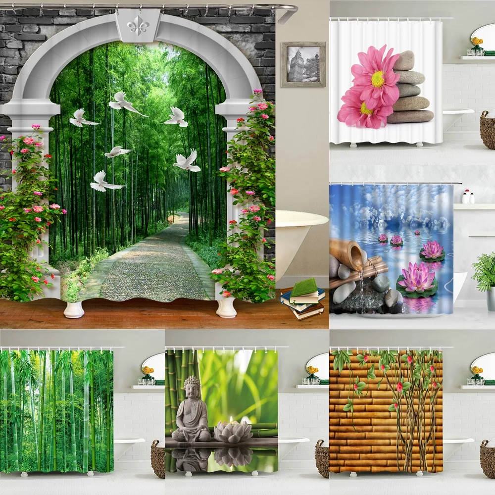 

Green Bamboo Forest Flowers Shower Curtain For Bathroom Natural Scenery Garden Buddha Lotus Fabric Bath Curtains Bathtub Decor