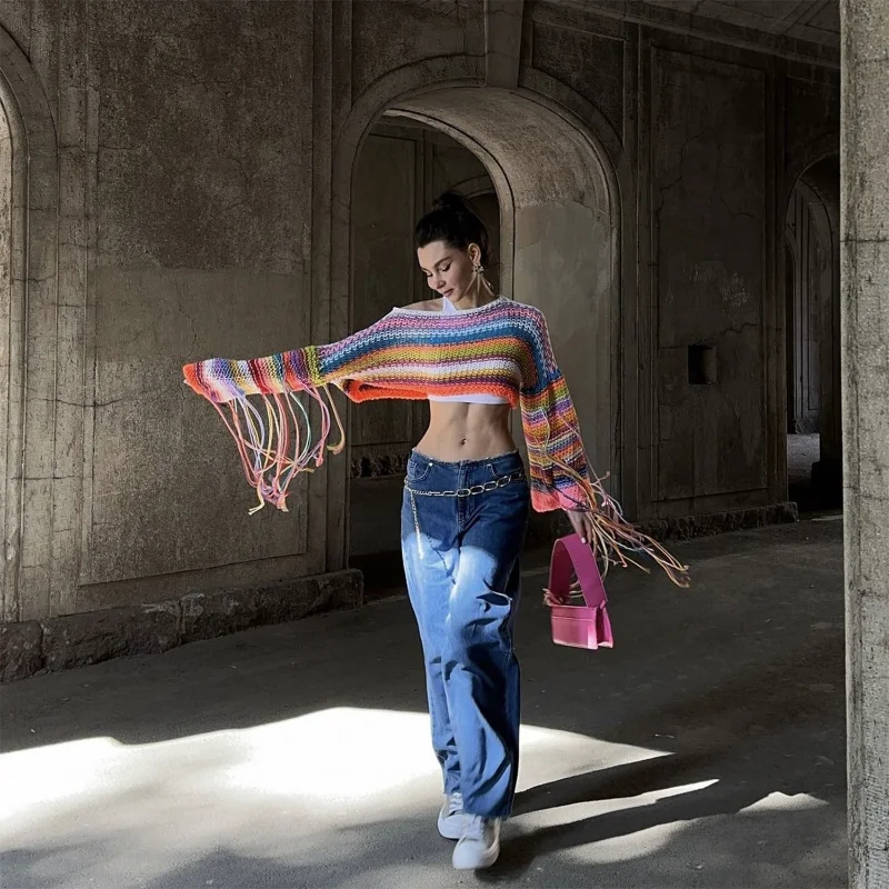 Tassel Contrast Holiday Sweater Pullovers For Women Loose Flared Sleeve Beach Boho Knit Female Cover up Pullover Crop top