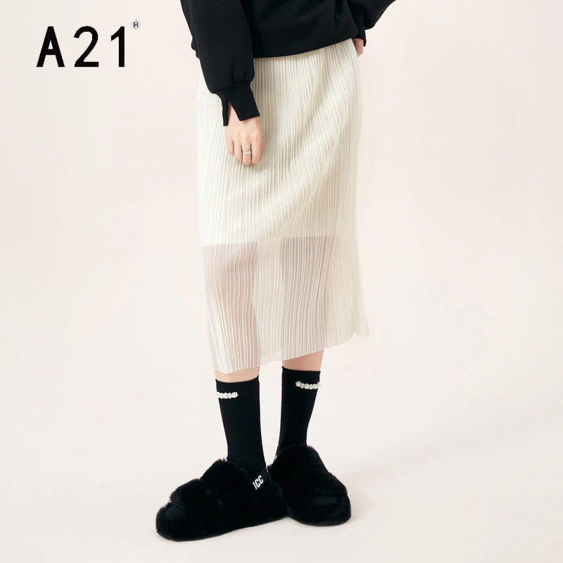 black pleated skirt A21 White Solid Elegant Women 2022 Spring New Midi Skirt Knitted High Waist Gauze Patchwork Ladies Chic Streetwear Long Skirt white denim skirt