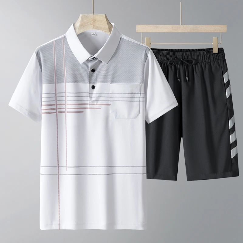 Fashion Lapel All-match Printed Short Sleeve Striped Men's Sets 2024 Summer New Loose Elastic Lace Up High Waist Shorts Sets