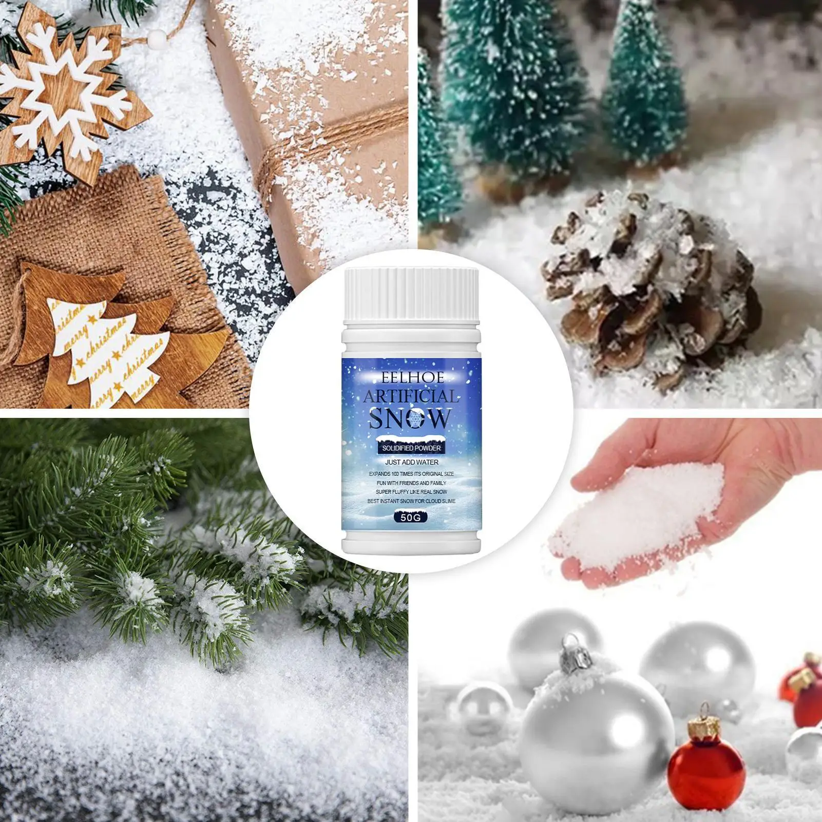 Description Picture 6 of itemInstant Artificial Snow Powder Winter Fake Snow for Christmas Decor Play Kids Toy Gift Box Tree Window New Year Party Decoration