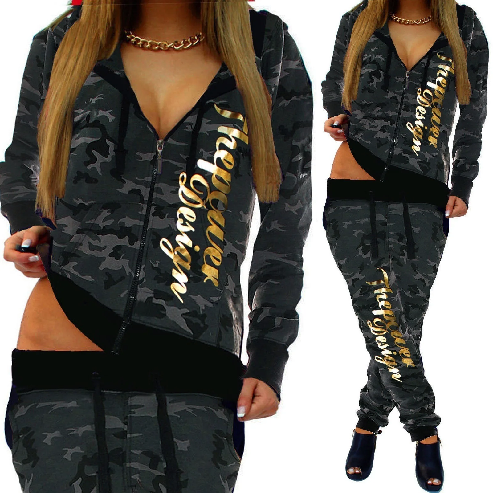 Autumn Winter Camouflage Ladies Jogging Sports Suit Casual Slim Hooded Sportswear