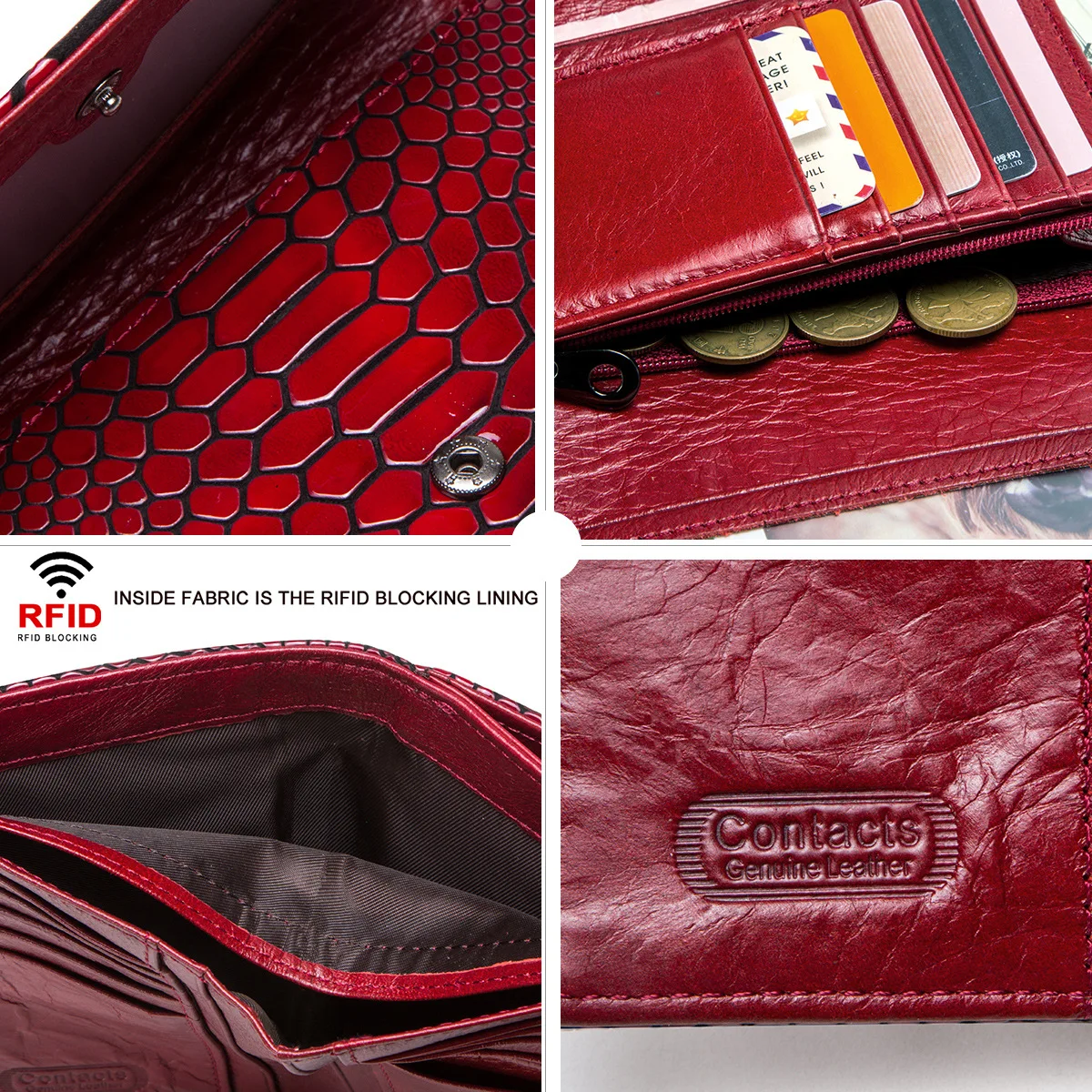 Women's Wallet Gift RFID Blocking Short 3 Fold Crocodile Grain Genuine Cow Leather Hasp Coin Purse