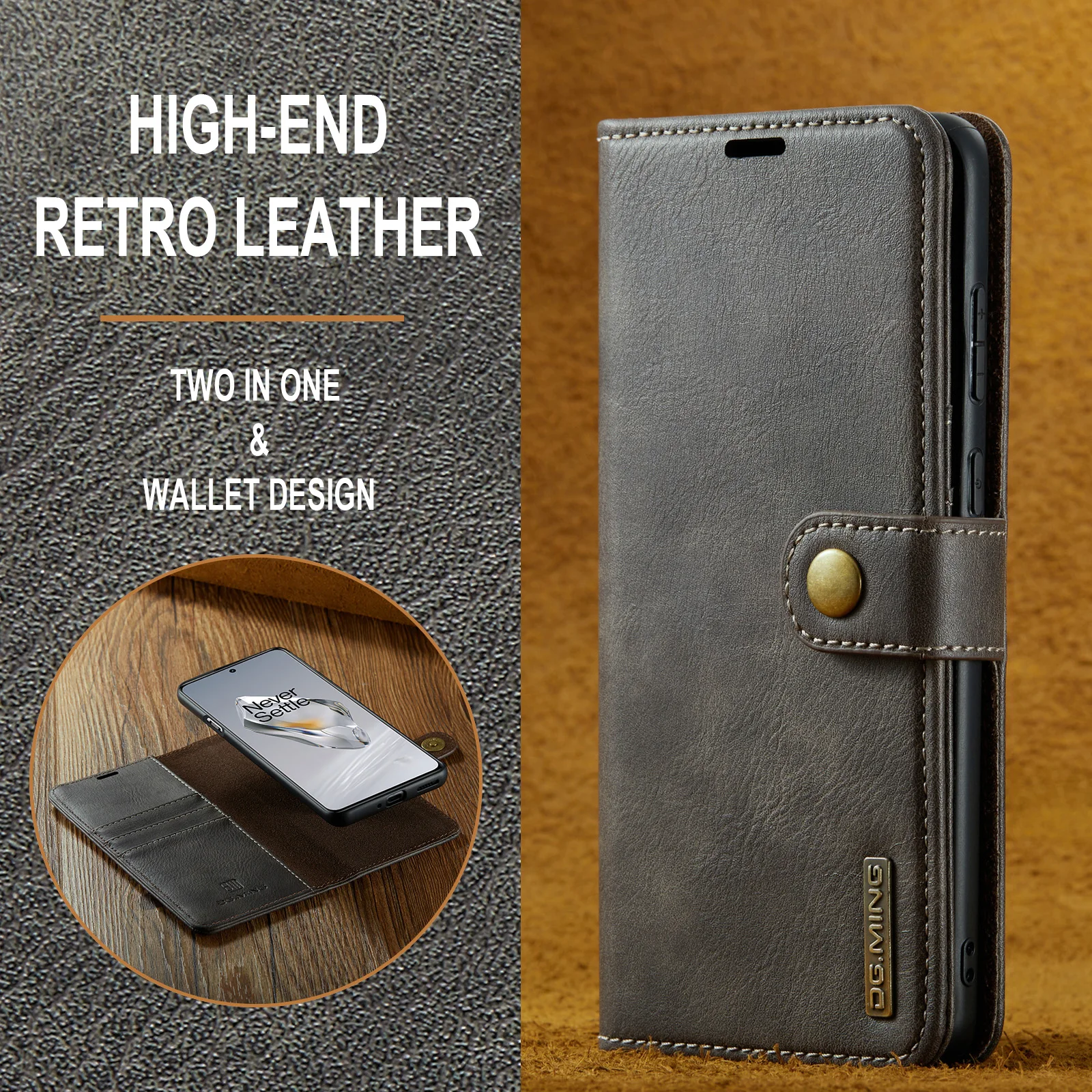 DG.MING Detachable 2Folding Case For OnePlus 13 12 11/Nord 2 5G/9RT 5G Wallet Case Leather Magnetic Cover for OnePlus 9/9Pro/9R 6