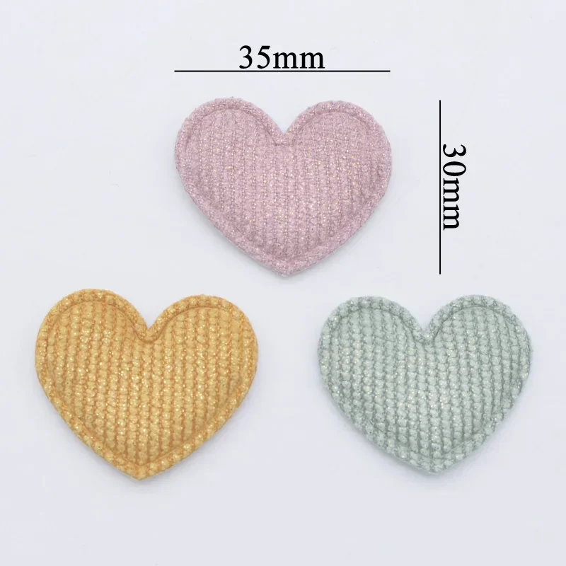 50Pcs/lot 35*30mm Padded Glitter Cloth Heart Appliques for DIY Hat Clothes Leggings Sewing Supplies Headwear Decor Patches