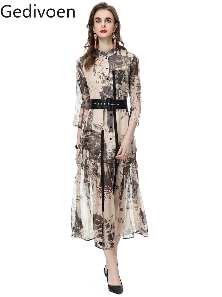 

Gedivoen Spring Summer Fashion Runway Elegant Dress Women Chiffon Belt Round Neck Button Party Print Long Sleeves Midi Dress