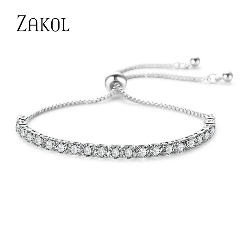 ZAKOL Fashion Cubic Zirconia Tennis Adjustable Bangle Bracelet for Women White Round Cut Cz Crystal Wedding Jewelry