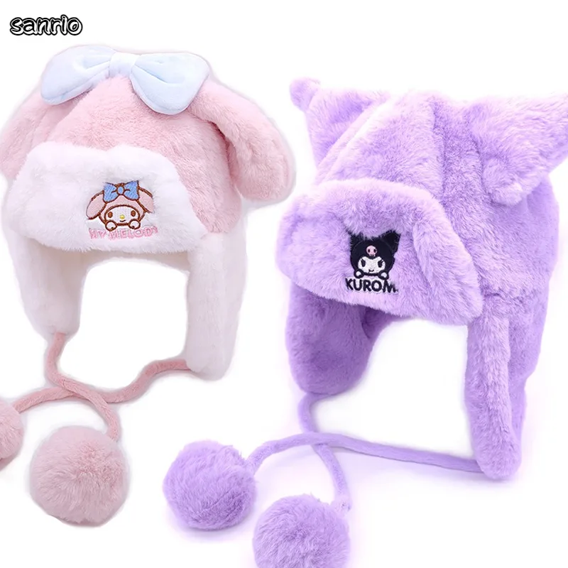 

Kawaii Sanrio Hello Kitty My Melody Kuromi Plush Lei Feng Hat Winter Warm Thicken Windproof Ear Protection Kids Versatile Cap