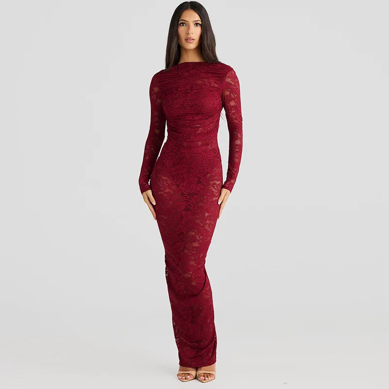 White Lace Backless Long Dress For Women See-Through High Waist Printed Slim Solid Hollow Out Dress Women's Party Dress