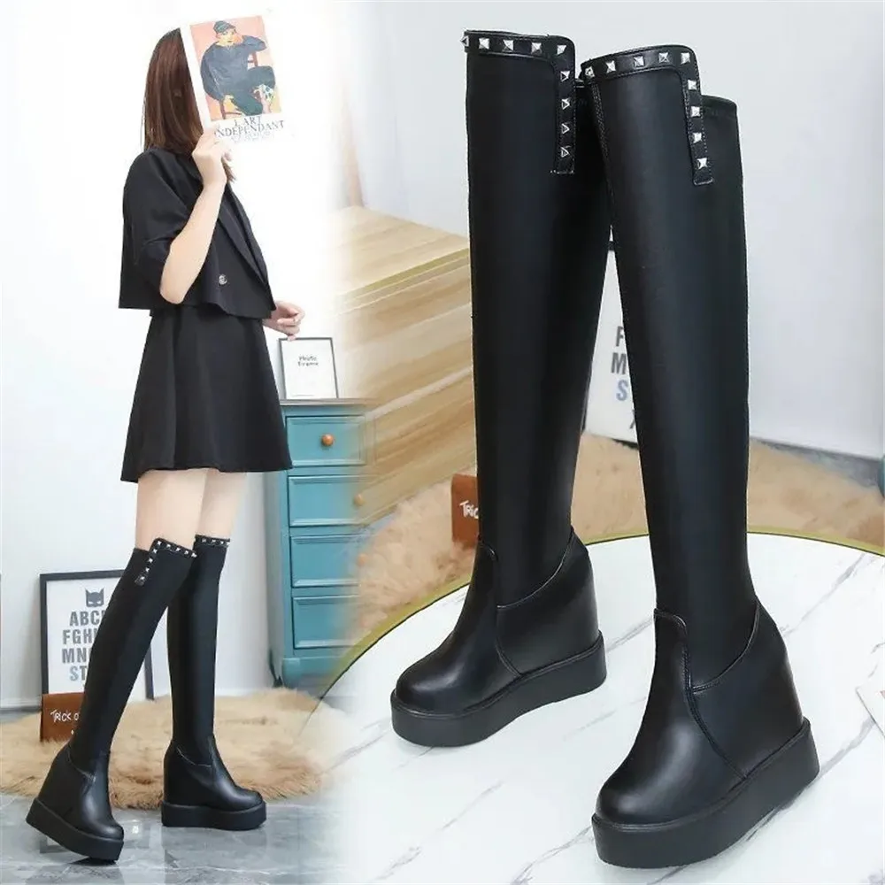 

Female Fashion Long Slim Boots 2024 Autumn Winter Leather Hidden Heel Over The Knee Boots For Women Platform Shoes Ladies Black