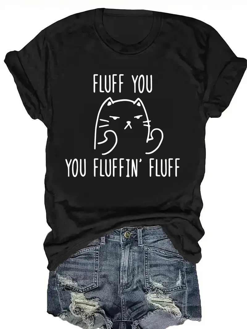Plus Size T-Shirt - Women's Casual Tee With Cat Print | Crew Neck, Short Sleeve
