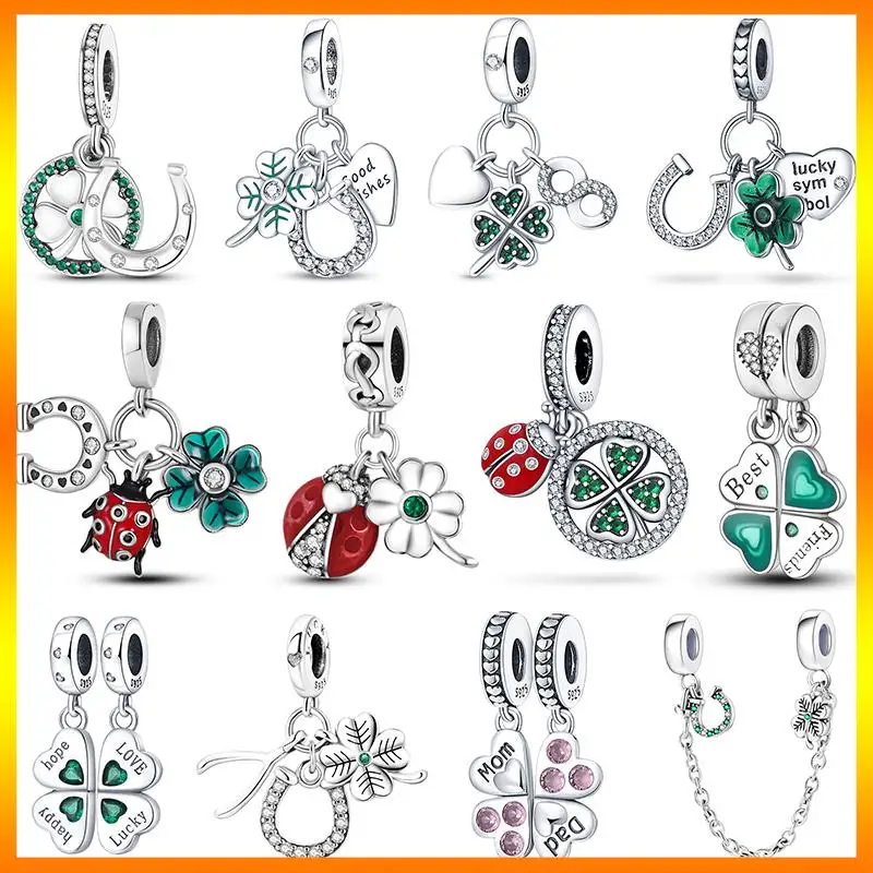 

2023 New in Green Lucky Clover Charms Original Bead Fit Pandora Bracelet Necklace Women Sterling Silver 925 DIY Pendant Jewelry