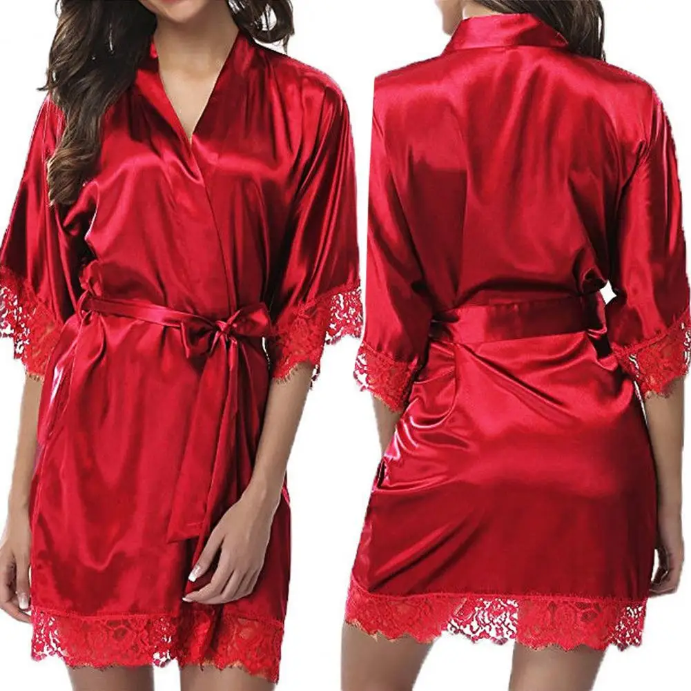 

Sexy Women Pajamas Pure Colors Stain Lady Sleeping Gown Women Bathrobe Belt Sleepwear Halt Sleeve Lace Lady Night Mini Dress