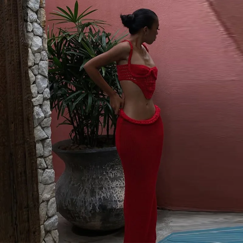 Sexy Bikini Long Skirt Set Women Sleeveless Backless Sling Vest Low Waist Hip Package Skirt 2025 Lady Holiday Beachwear Cover Up