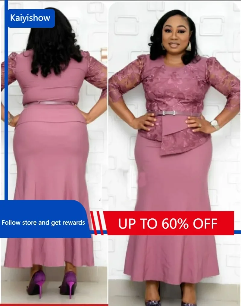 

African women's spring and autumn plus size slim patchwork lace dress elegant dress long dress African clothing XL-5XL