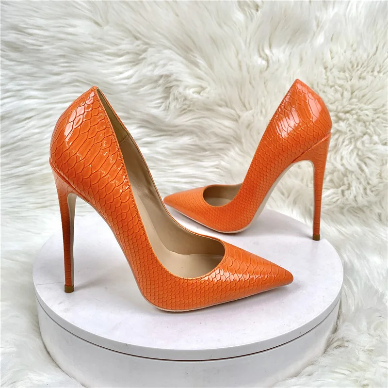 2023 Pointed Toe High Heel Pumps for Women Stilettos Snake Shoes Ladies Elegant Party High Heels 8cm 10cm 12cm Orange Footwear