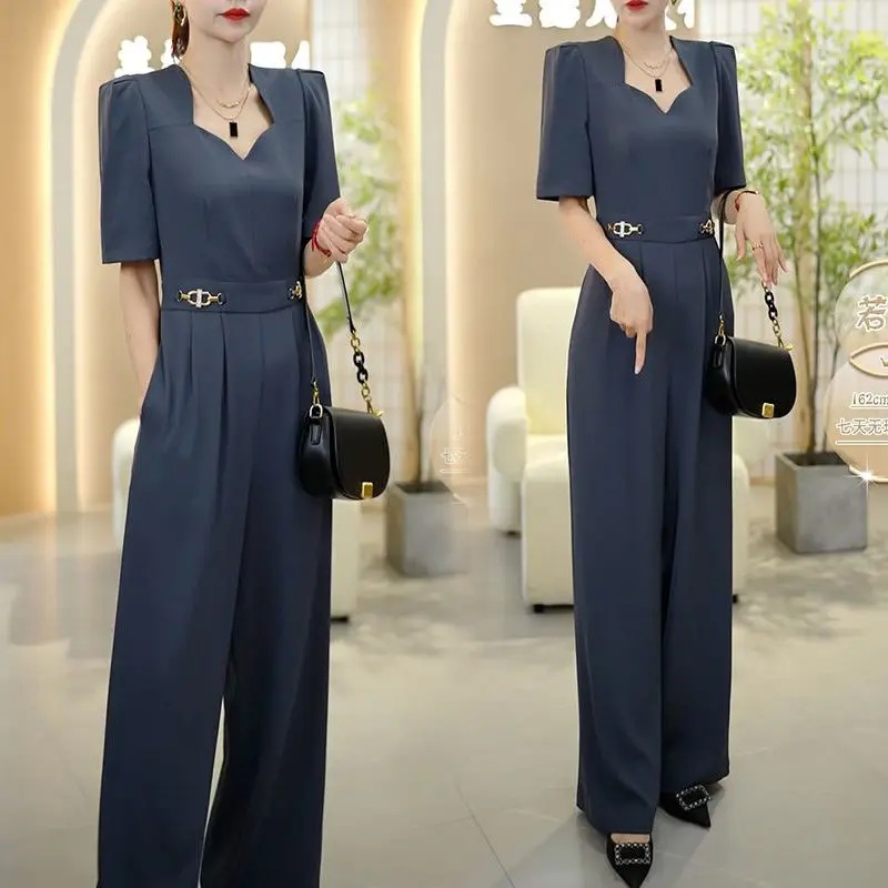 Lazy Style Slimming Short Sleeved Jumpsuit For Women 2025 Summer New Fashion French V-neck Versatile trend Long Women's Rompers