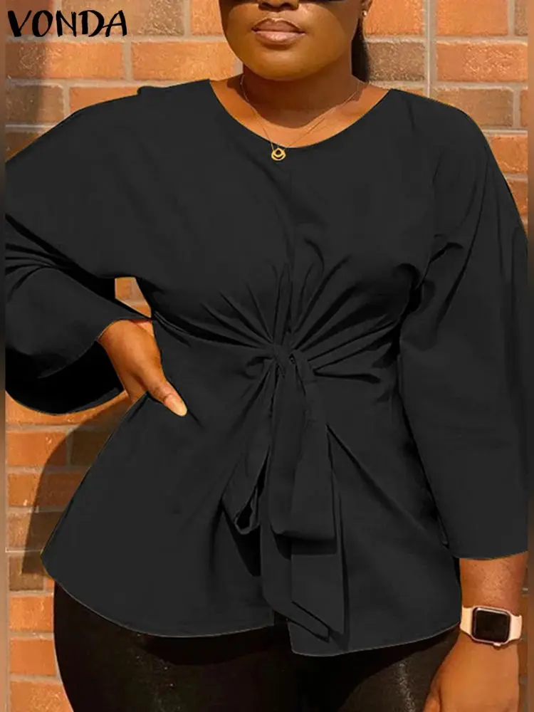 

2024 Летняя женская модная блузка VONDA с рукавом 3/4, плиссированная бандажная туника, топы, рубашка, Элегантные повседневные однотонные женские блузы