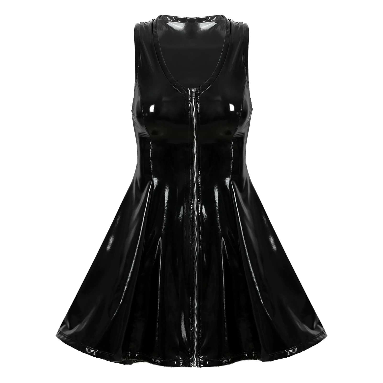 

Latex Flared Dresses for Womens Clubwear Wet Look Patent Leather Rave Costume Glossy Sleeveless V Neck Zipper Bodycon Dress