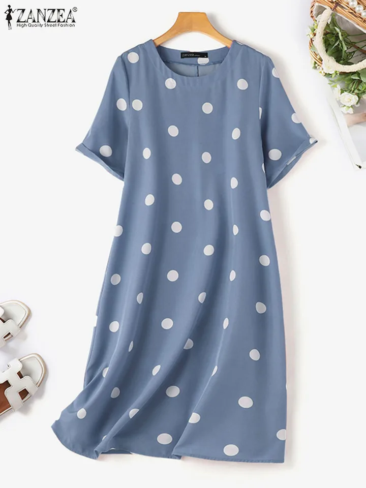 ZANZEA Women Casual Dots Print Dress 2024 Summer Loose Vestidos Solid Baggy  Round Neck Dresses Elegant Short Sleeve Short Robes - AliExpress 200000345