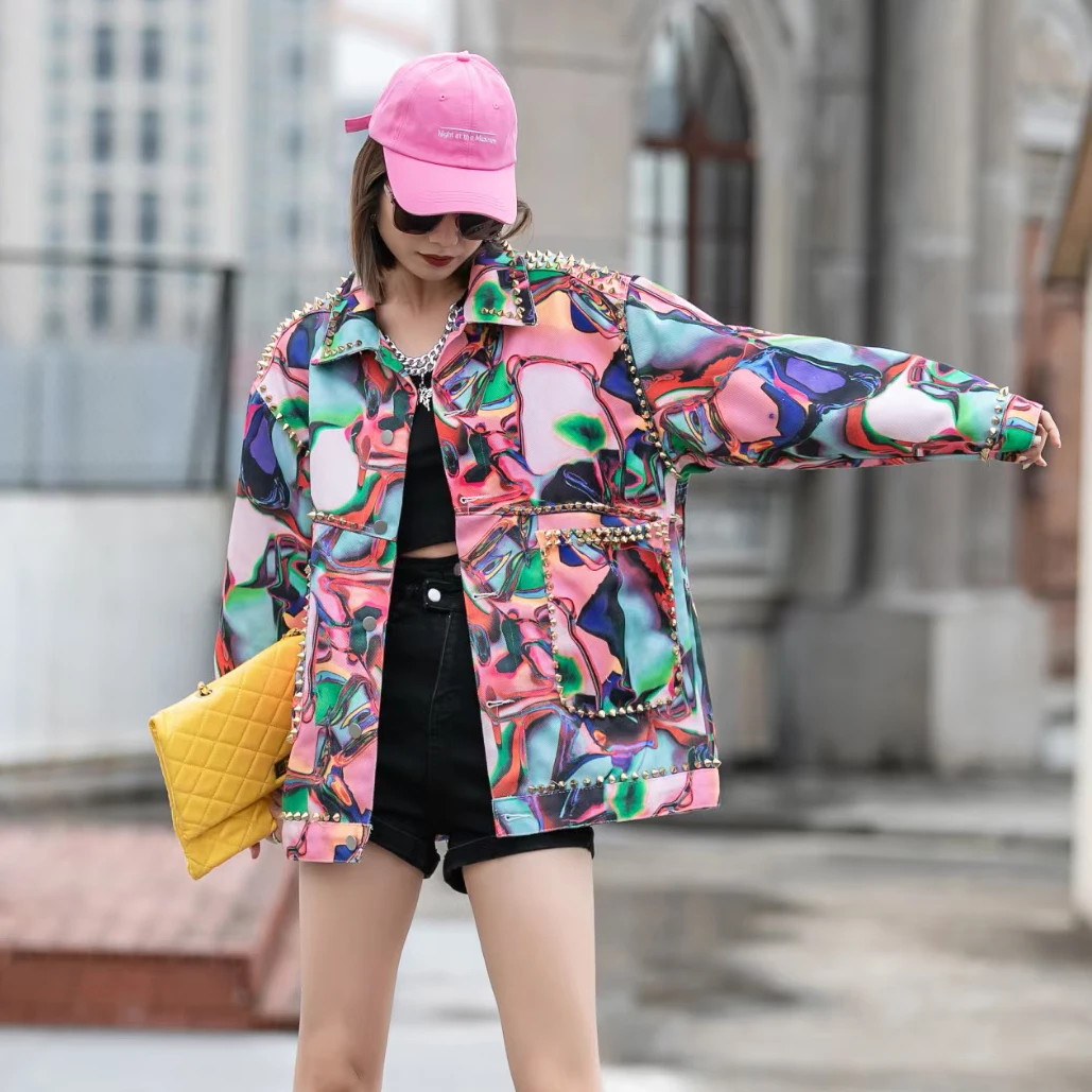 

Thailand 2023 Spring New Western Heavy Industry Rivet Mid length Denim Coat Women's Loose Graffiti jackets