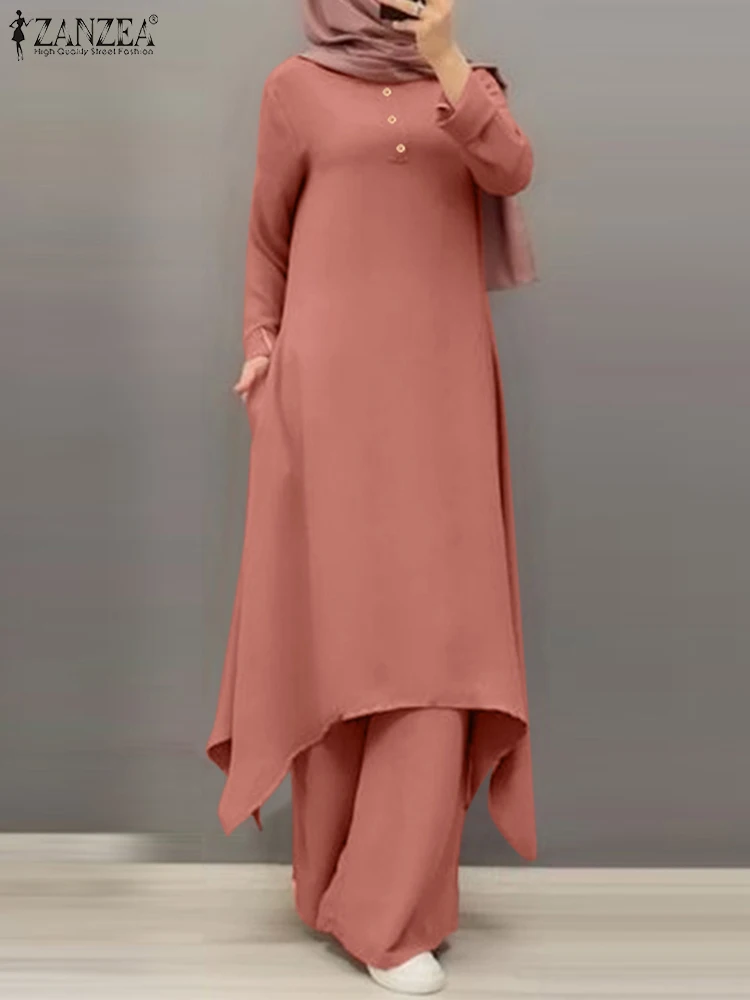 

ZANZEA 2PCS Women Muslim Abaya Hijab Sets Fashion Long Sleeve Solid Long Tops Wide Leg Pants Suits Dubai Turkey Islamic Clothing