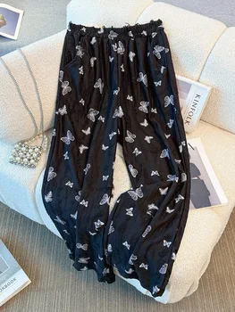 150Kg Plus Size Women's Hip 150 Autumn Butterfly Embroidery High Waist Wide Leg Hanging Casual Pants Black 5XL 6XL 7XL 8XL 9XL
