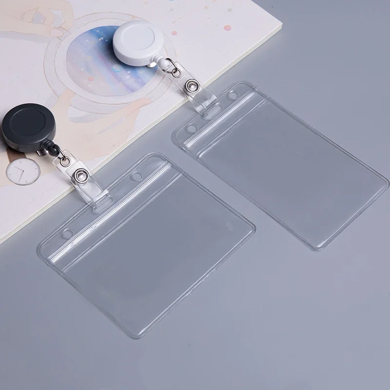 Porte-carte de travail du personnel transparent avec sangle de cou, clip rétractable, bobine d'insigne, étui de couverture de carte d'employé, lanière, carte d'identité, nom