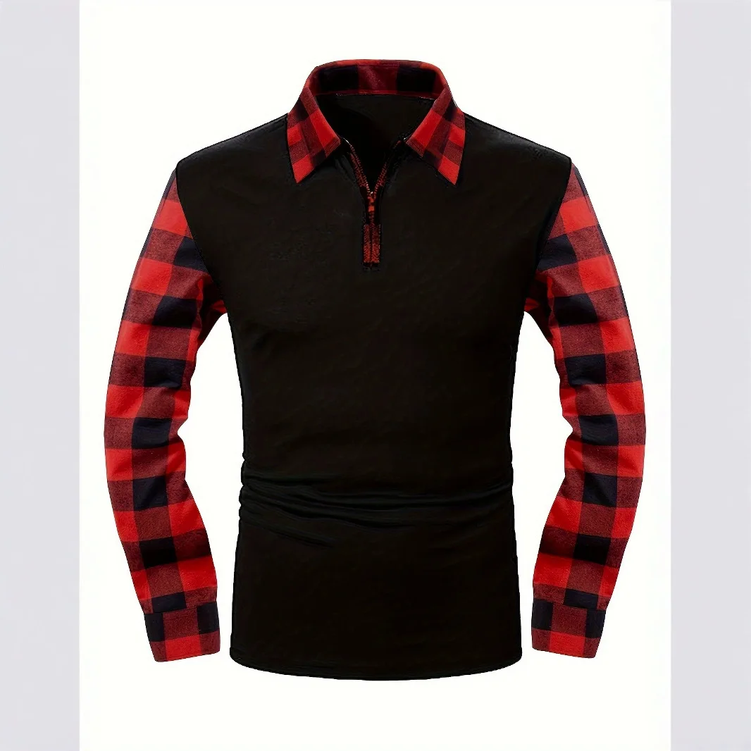 Vendita calda EU US Camicia da uomo in flanella a maniche lunghe Colletto polo Mezza zip Pullover Plaid Streetwear Casual Top - immagine 3