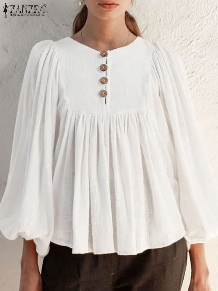 

2023 Autumn Solid Blouse Women ZANZEA Oversized Long Puff Sleeve Shirts Round Neck Simple Tops Casual Loose Pleated Chic Tunic