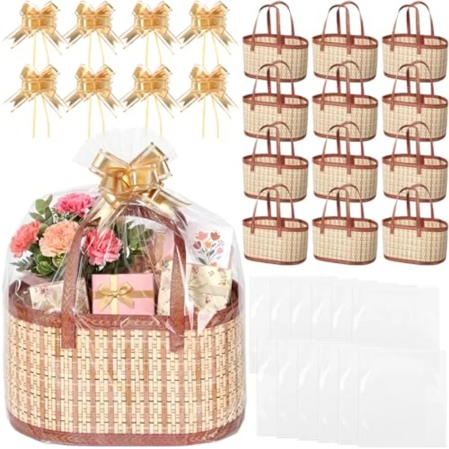 12 Set Empty Gift Basket Boutique Design Basket with Clear Gift Bags Pull Flower Ribbon Foldable Woven Gifts Baskets with Handl