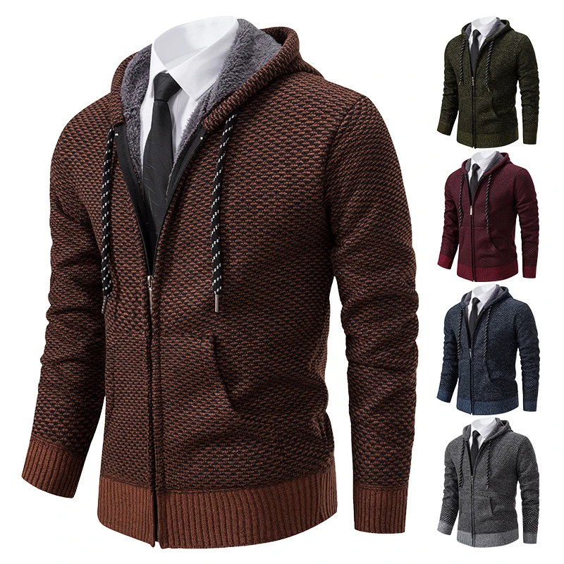 Men's Winter Autumn Clothing Cold Sweater Coat Fleece Knitted Jacket Zipper Up with Hood Korean Luxury Quality Blue Jumpers men s wool sweater jacket autumn winter fleece thick warm stripe jumpers zipper cardigan casual loose cold coat