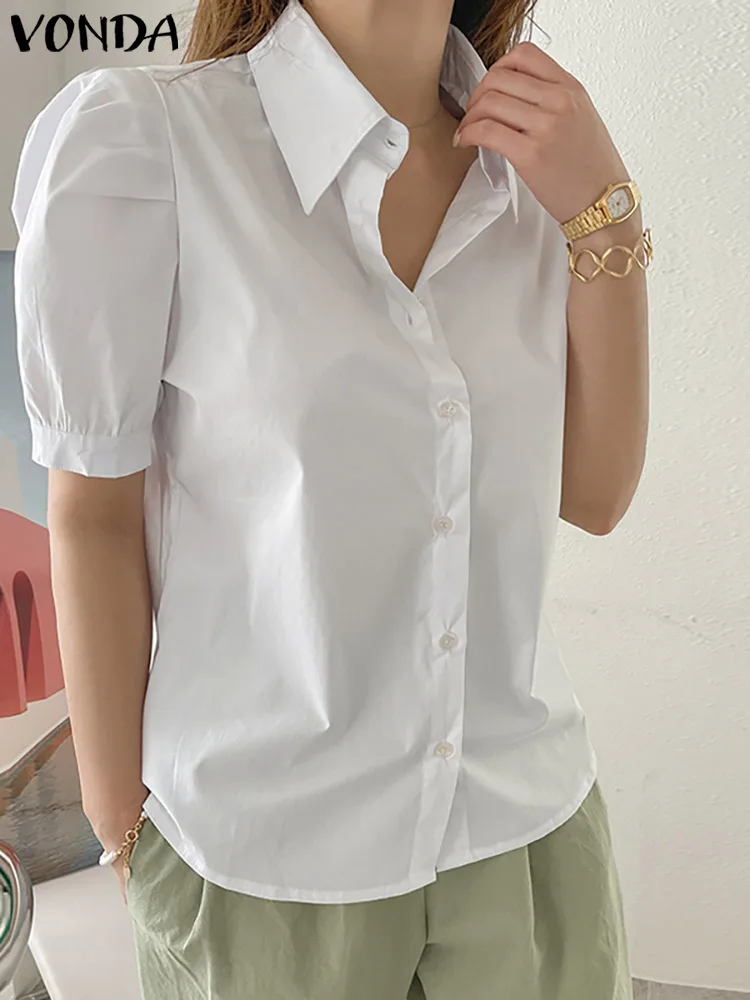 

VONDA 2023 Summer Fashion Shirts Women Short Sleeve Blouses Sexy Turn-down Collar Elegant Tops Casual Solid Blusas Femininas