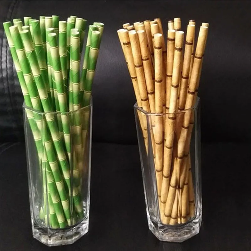 50pcs/lot Green Bamboo Paper Straws Happy Birthday Wedding Decorative Event Tropical Party Supplies Drinking Straw 2022 New