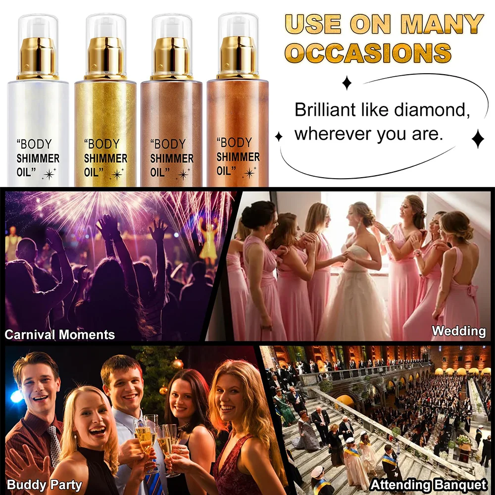 Body Glitter 100ml Body Shimmer Oil Moisturizing Long Lasting Body Luminizer for Face Brighten Shimmer Glow Highlighter Makeup 6