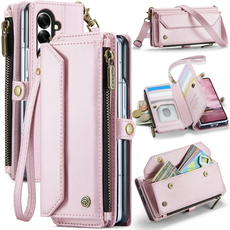 Lanyard Leather Zipper Wallet Card Phone Case with Crossbody Flip Stand Cover