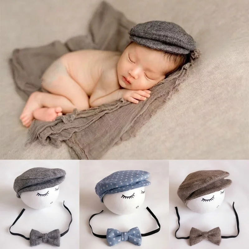 Newborn Photo Props Baby Boys Beret Hat + Bow Tie Set Newborn Photography Props Gentleman Cap Photo Outfit