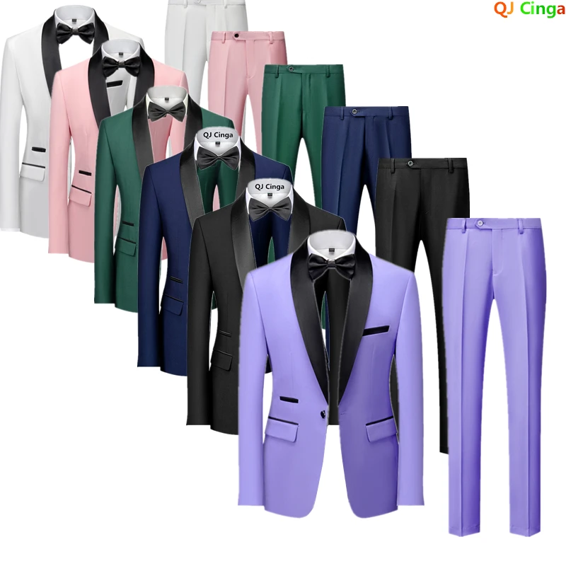 Black Men 2 Pieces Set, Mariage Color Block Collar Suits Jacket Trousers, Male Business Wedding Blazers Coat Pants, Asian Size