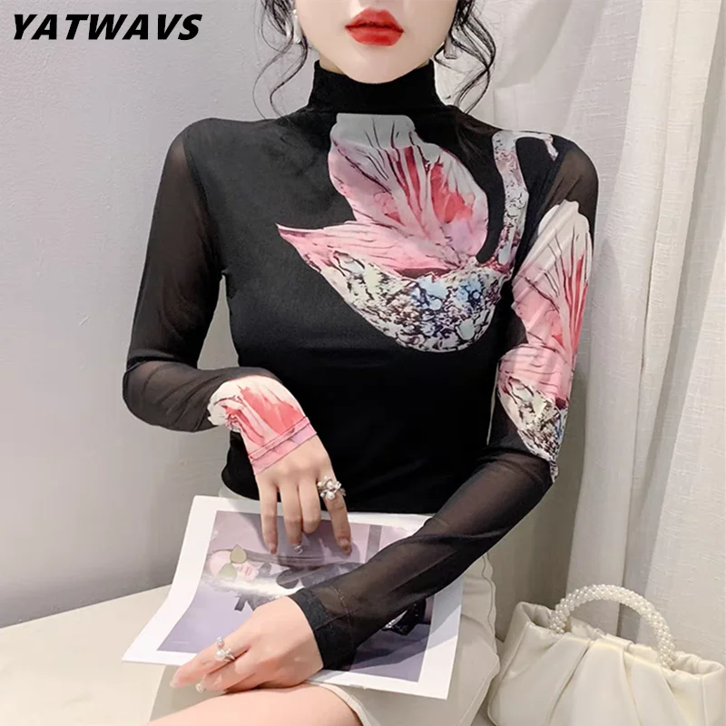 

Runway Women's Long Sleeve Turtleneck Double-Layer Mesh T-shirts Female Chic Positioning Flower Tees New Fashion Slim Fairy Tops