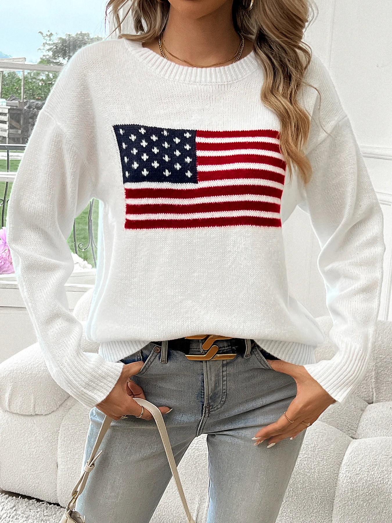 American Flag Crew Neck Long Sleeve Pullover Women's Sweater 5