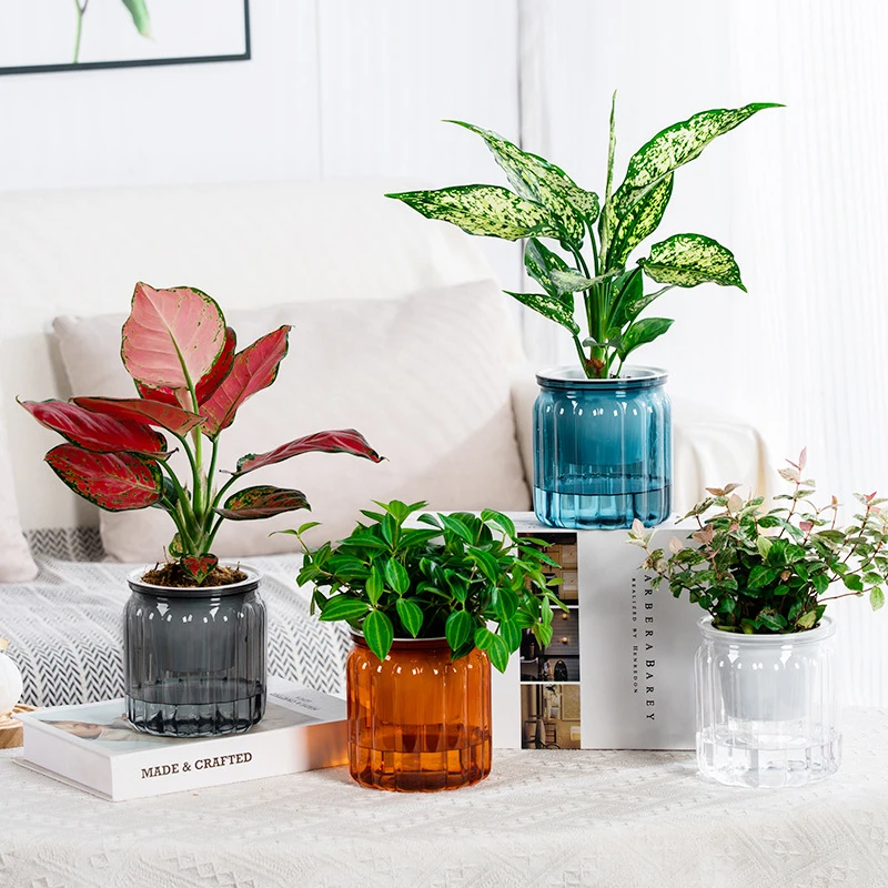 Transparent Double Layer Plastic Flower Pot Self Watering Plastic Flower Vase Lazy Potted Tabletop Home Garden Office Decor