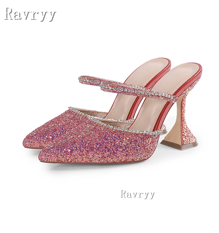 2023 Summer New Bling Glitter Pointed Toe Slippers Diamond Decor Wine Cup Heel 10CM High Heel No Leaking Toes Female Sandals