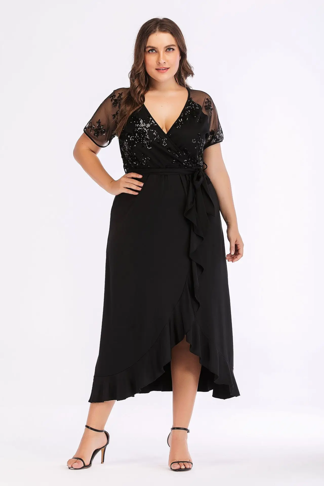 

Plus Women's Clothing 2023 Summer Black Short Sleeve Versatile V-Neck Ladies Irregular Hem Casual Commuter Waist Knitted Dress