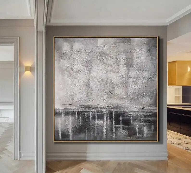 

Large Abstract Painting, Grey Abstract Canvas Art,Contemporary Art,Hand-Painted Sea Abstract Painting, Decor Art, Grey White Oil