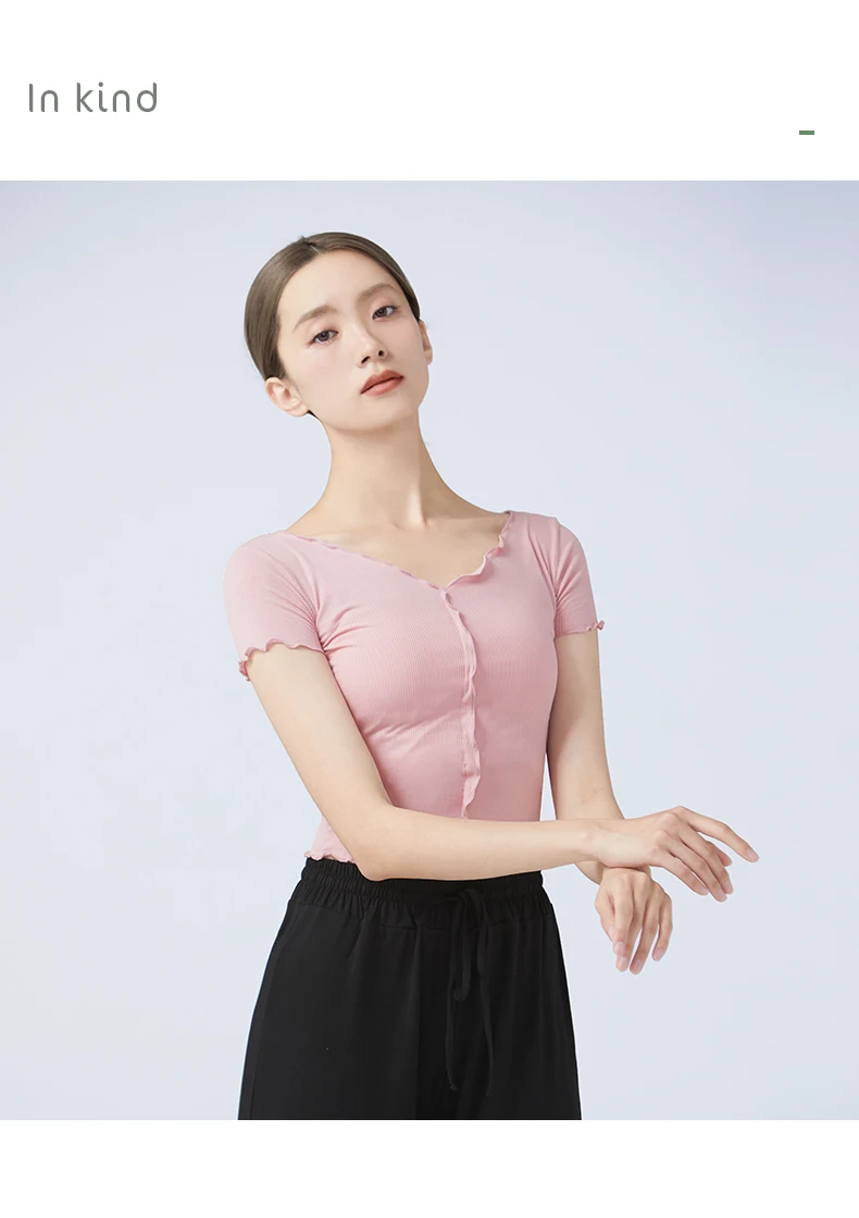 Frauen V-ausschnitt Tanz Tops Wellenförmige Spitze Ballett Tanz Crop Tops Erwachsene Mädchen Tanz Tops Closed-fit Kurzarm ballett Training Kostüme – Detail 4